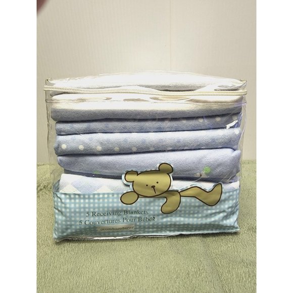 Piccolo Bambino 5pc Blue Boy Receiving Blankets Shower Gift Cotton - Picture 1 of 3